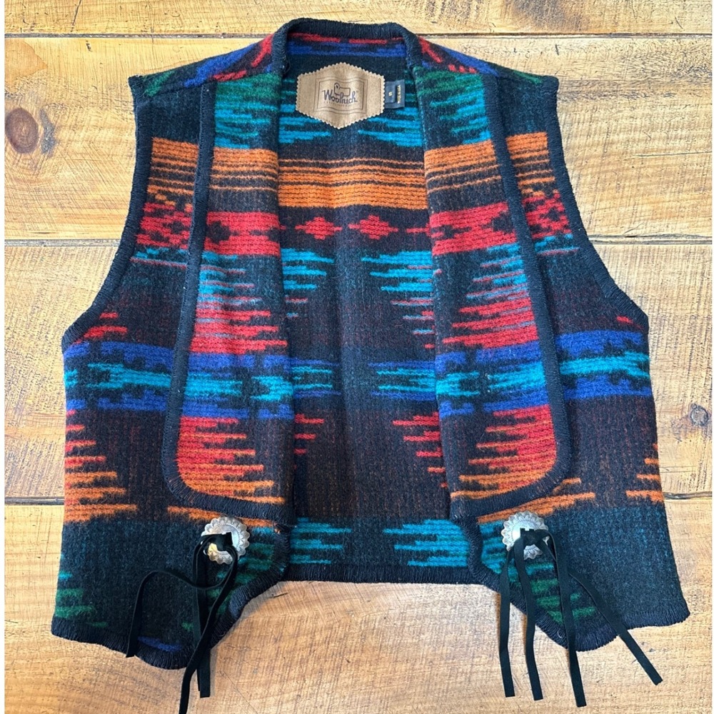 Woolrich Womens Vintage Southwestern Bold Aztec Open Front Wool Vest Size Small